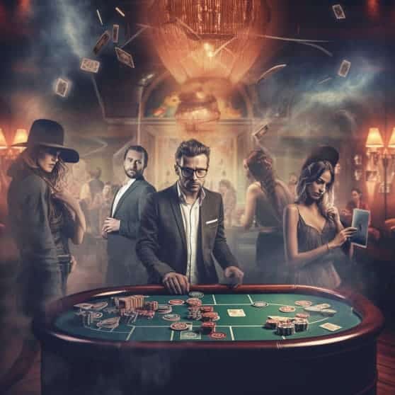 realistic photo of a double exposure of a group of people playing casino and a group of people watching the man plays. The ambiance of back ground should be happy, fun, party and casino 4