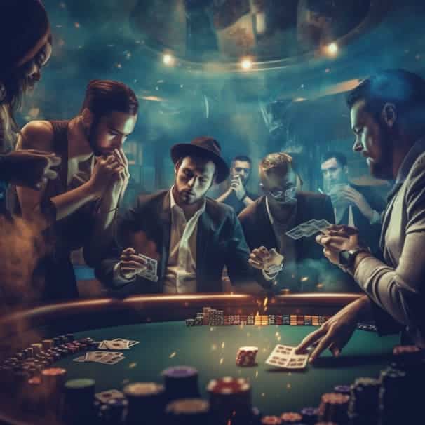 realistic photo of a double exposure of a group of people playing casino and a group of people watching the man plays. The ambiance of back ground should be happy, fun, party and casino 1
