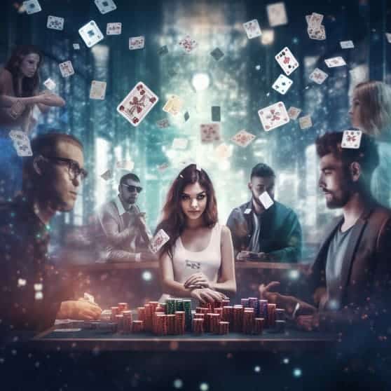 realistic photo of a double exposure of a group of people playing casino and a group of people watching the man plays. The ambiance of back ground should be happy, fun, party and casino 2