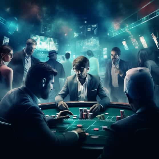 realistic photo of a double exposure of a group of people playing casino and a group of people watching the man plays. The ambiance of back ground should be happy, fun, party and casino 3